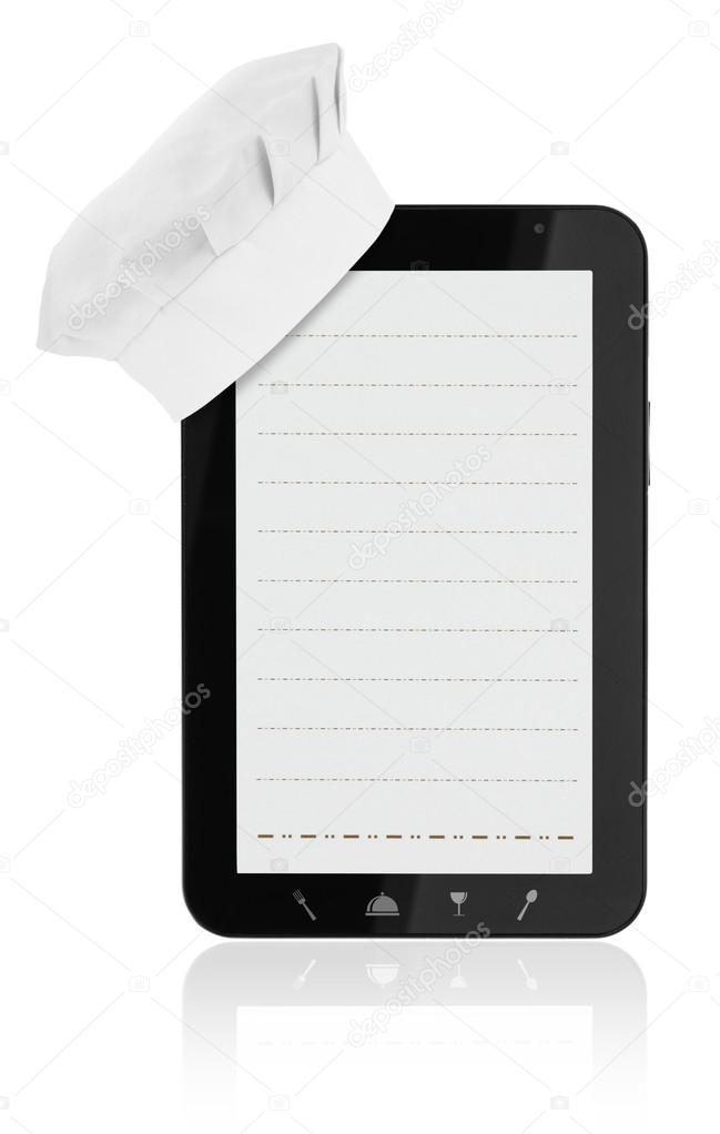 Tablet computer with chef hat and food icons
