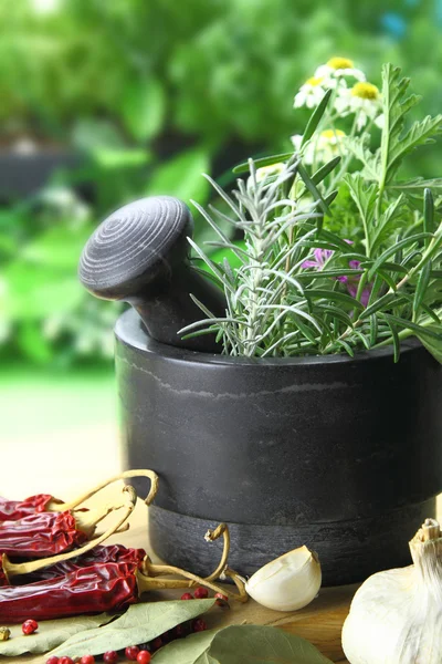 Black stone mortar and pestle with fresh herbs — Stock Photo, Image