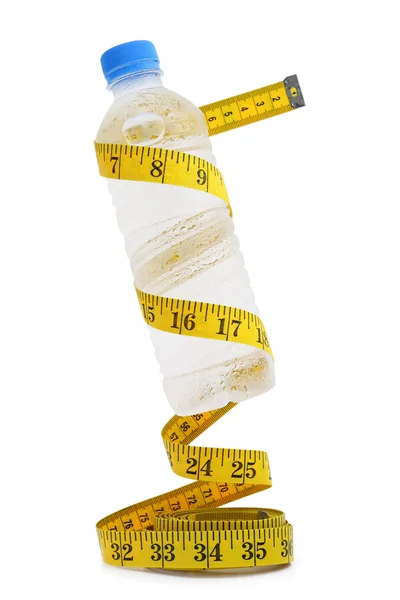 Plastic bottle of water with measuring tape — Stock Photo, Image