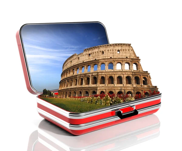 The Colosseum of Rome in a travel suitcase — Stock Photo, Image