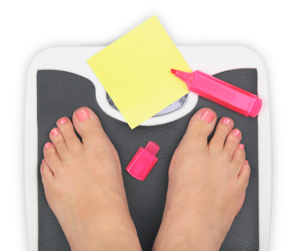Woman' s feet on bathroom scale