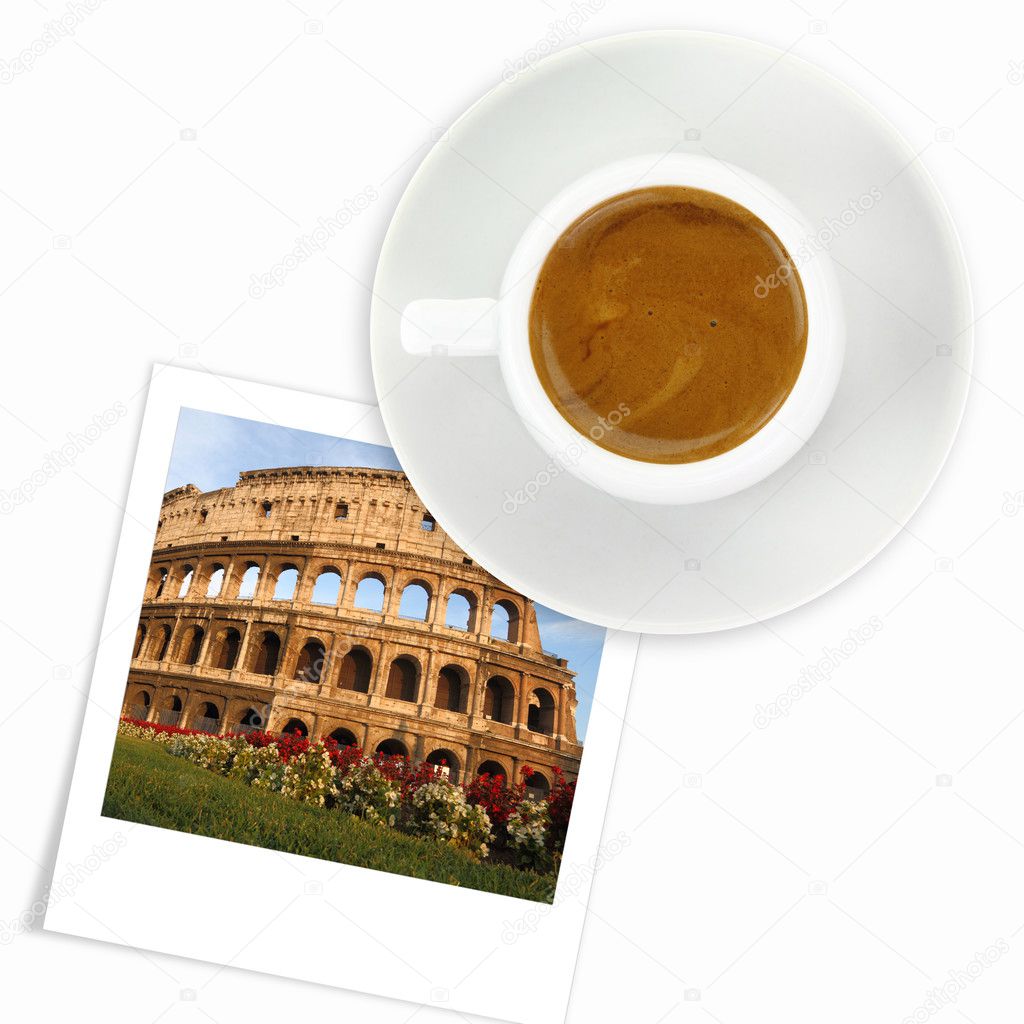 Cup of coffee and a photo of colloseum in Italy