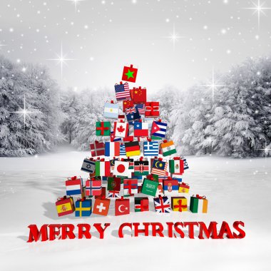neşeli Noel herkes! Noel ağacı hediye kutuları farklı bayrakları ile yapılan