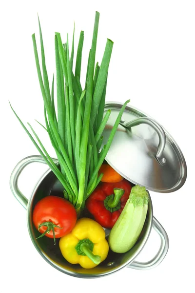 Färgglada grönsaker i en rostfri kokkärl — Stockfoto
