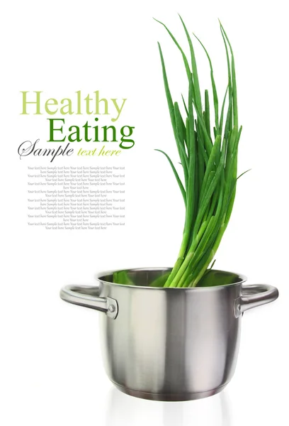 Fresh green onions in a stainless steel cooking pot — Stock Photo, Image