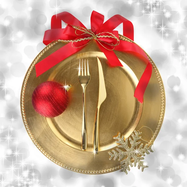 Golden Christmas plate on elegance background — Stock Photo, Image