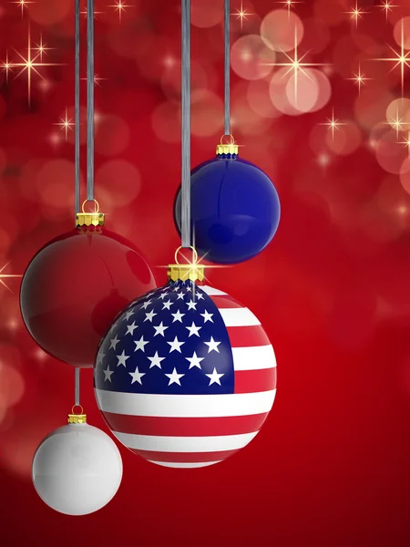Christmas balls with USA flag in front of lights background — Stock Photo, Image