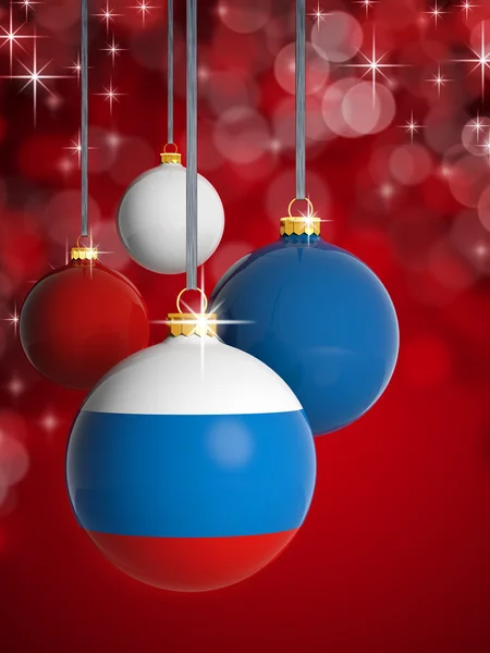 Christmas balls with Russian flag in front of lights background — Stock Photo, Image