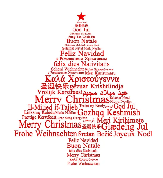 Merry Christmas in different languages forming a Christmas tree — Stock Photo, Image