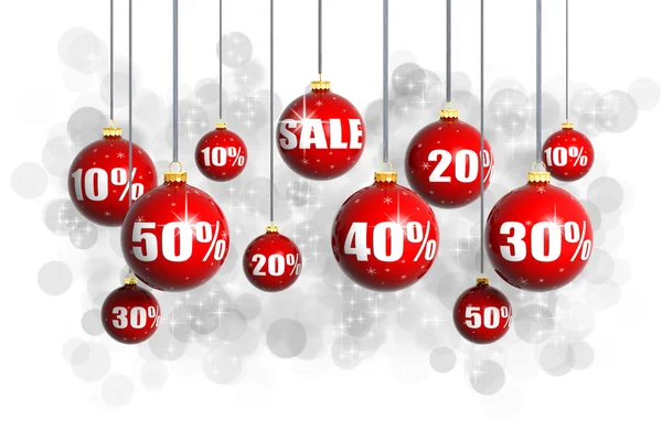 Rote Weihnachtskugeln mit Zahlen und Prozentsymbolen für den Weihnachtsverkauf — Stockfoto