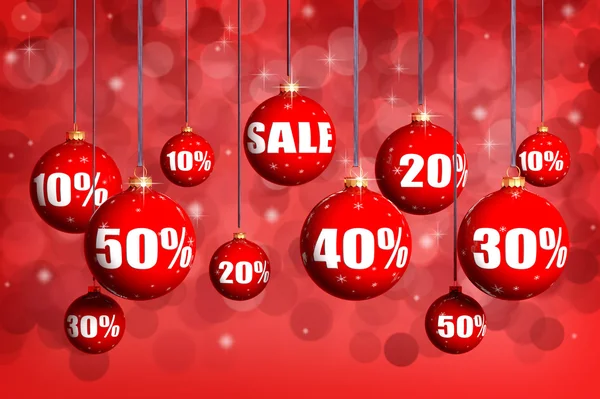 Röda julgranskulor med siffror och procent symboler för jul försäljning — Stockfoto