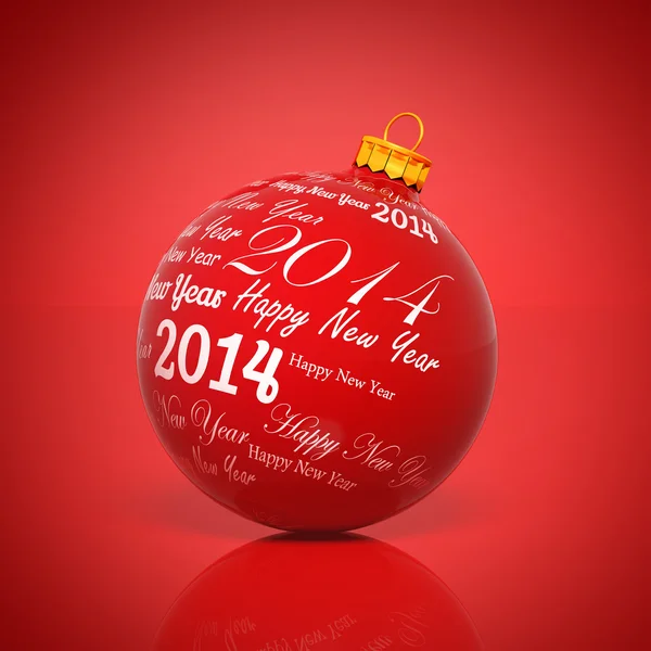 Bonne année 2014 écrit sur boule de Noël sur fond rouge — Photo