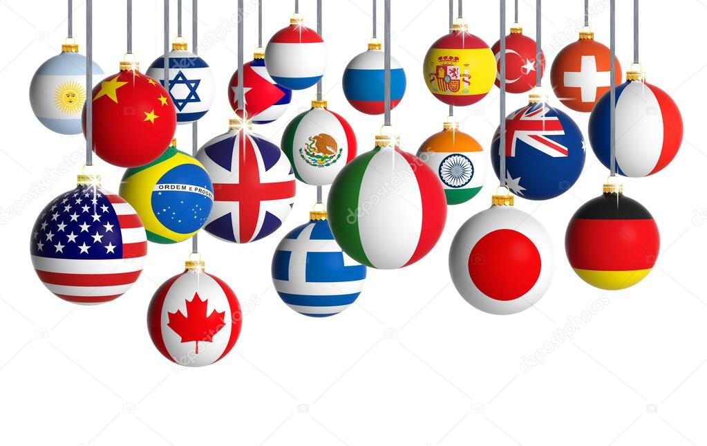 Christmas balls with different flags hanging on white background