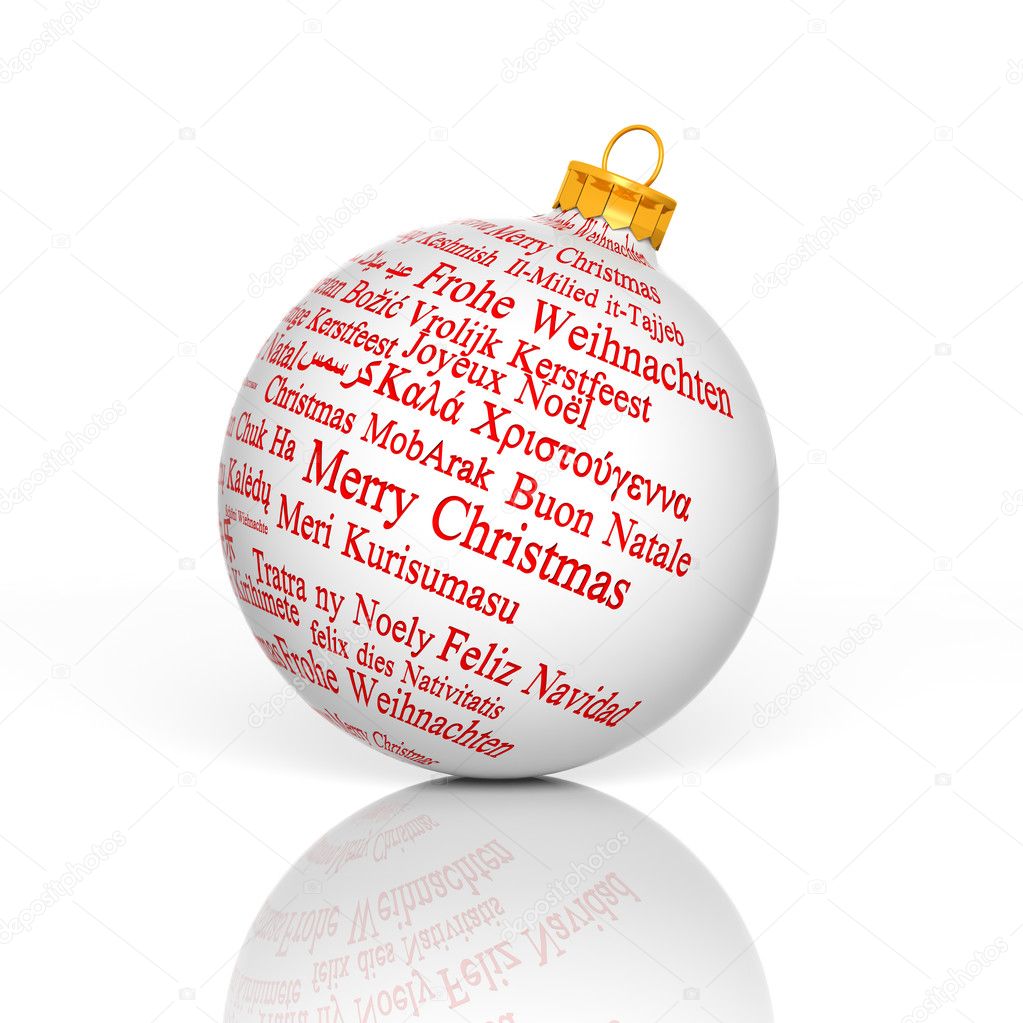 Merry Christmas in different languages forming a Christmas Ball