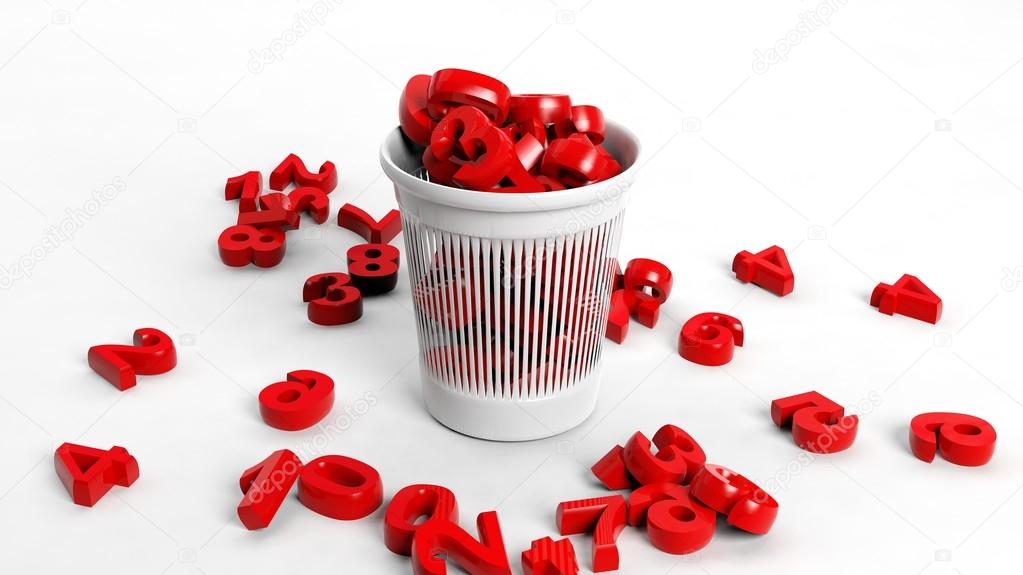 3D trash bin full of red numbers, conceptual design