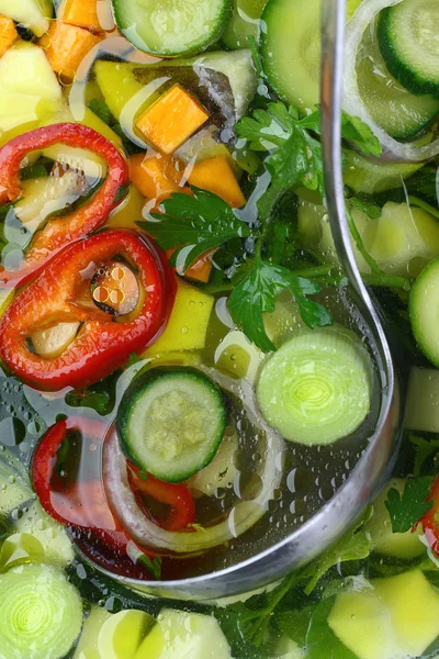 Sopa de pescado y verduras frescas, con una cuchara en ella, fondo — Foto de Stock