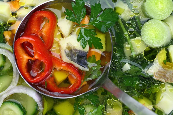 Sopa de pescado y verduras frescas, con una cuchara en ella, fondo — Foto de Stock
