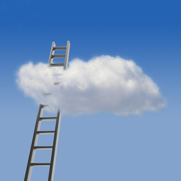 Голубое небо с облаками и лестницей, концепция пути к успеху
