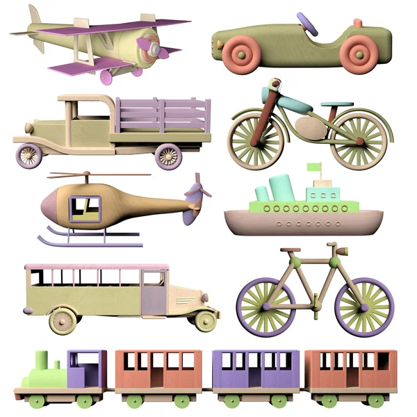 Divertido conjunto de juguetes de transporte de madera 3d — Foto de Stock