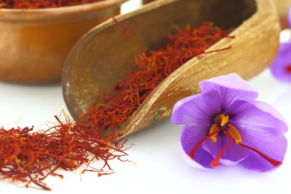 Dried saffron spice and Saffron flower — Stock Photo, Image