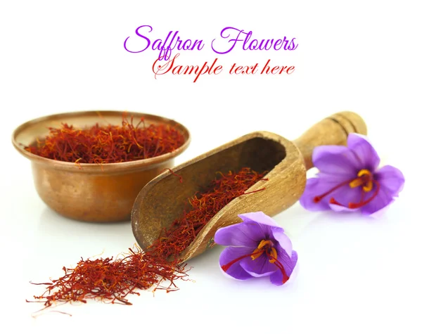Dried saffron spice and Saffron flower isolated on white — Stock Image Dried saffron spice and Saffron flower isolated on white Stock Picture