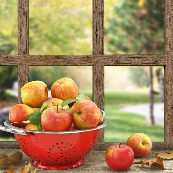 Apples in colander on wooden window with view — Stock Photo, Image