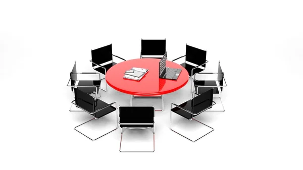 Escritório mesa redonda vermelha com laptop — Fotografia de Stock