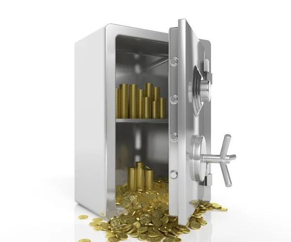 Χρηματοκιβώτιο με χρυσά νομίσματα που απομονώνονται σε λευκό — Φωτογραφία Αρχείου