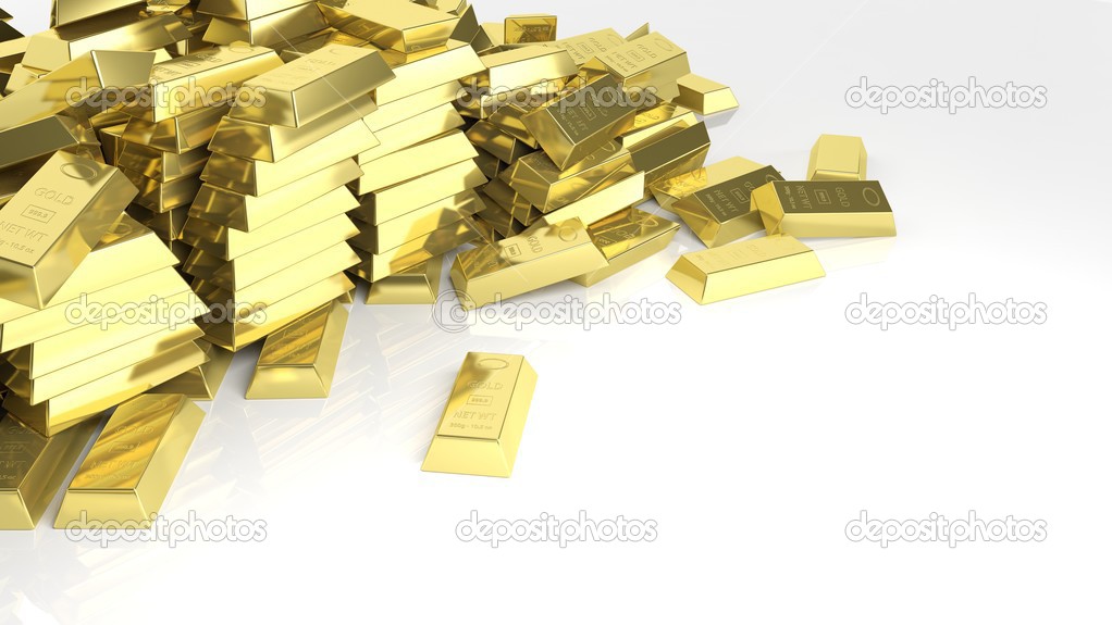 Big pile of gold bars isolated on white
