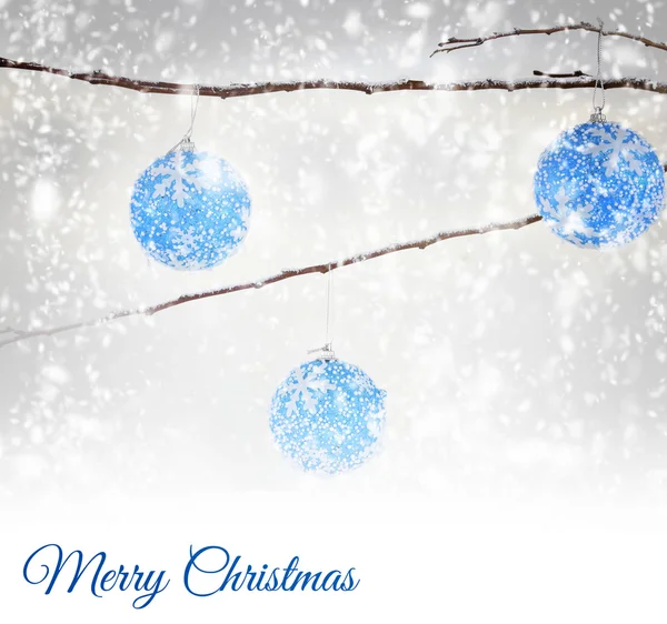 Christmas balls hanging on snowy branch — Stock Photo, Image