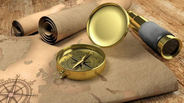 3D compass with map and monocular on wooden table — Stock Photo, Image