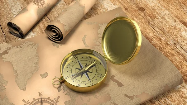 3D gold compass with map on wooden table — Stock Photo, Image