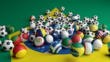 futbol topları ile Brezilya bayrağı arka planda çeşitli bayraklar
