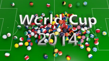 futbol topları ile çeşitli bayraklar ve Dünya Kupası 2014 3d metin üzerinde oyun alanı