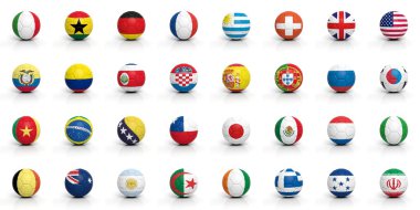 futbol topları ile üzerine beyaz izole çeşitli bayraklar