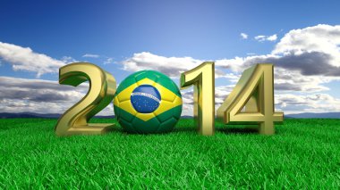 Altın 2014 Brezilya futbol topu üzerinde çim ve mavi gökyüzü ile