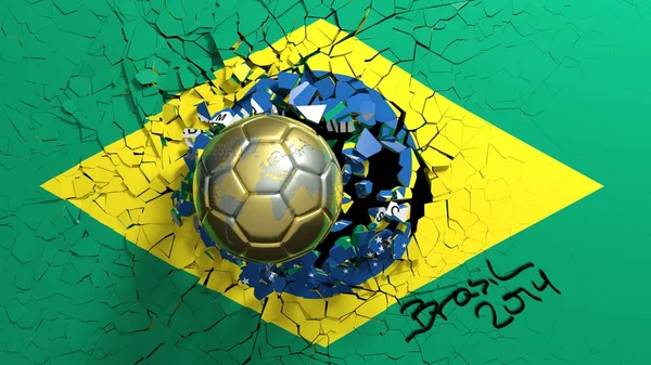 Gold soccer ball breaking though wall with Brazilian flag — Stock Photo, Image