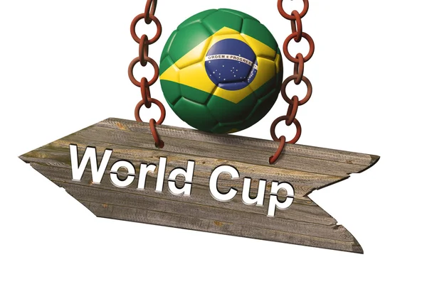 Houten aanlog keten met Braziliaanse voetbal, mundial concept op wit — Stockfoto