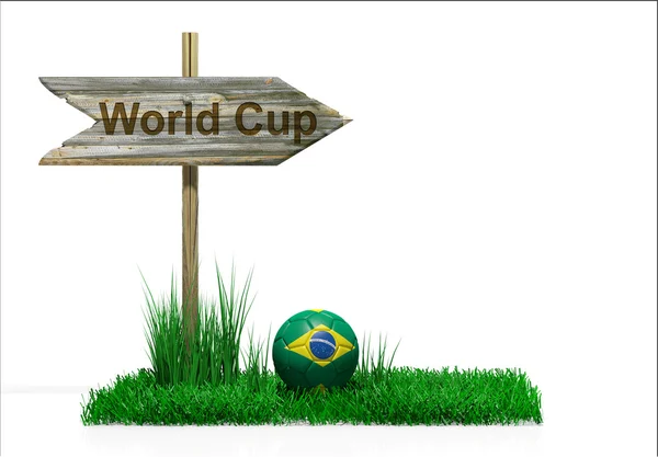 Signo de madera con texto de copa del mundo con pelota brasileña y hierba, aislado en blanco —  Fotos de Stock