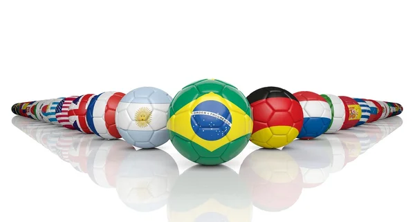 Bolas de futebol com várias bandeiras isoladas em branco — Fotografia de Stock