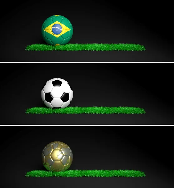 Tres pancartas con bola temática Mundial 2014 y hierba sobre fondo negro —  Fotos de Stock