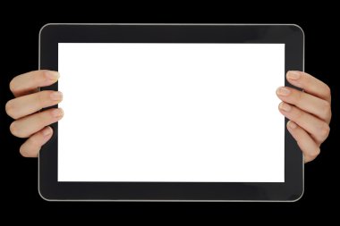 yatay olarak tablet ile boş ekran izole tutan eller