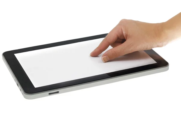 Weibliche Hand zoomt auf Tablet mit leerem Bildschirm isoliert — Stockfoto