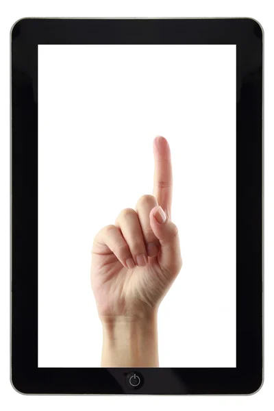 Hand binnen Tablet PC omhoog geïsoleerd op wit — Stockfoto