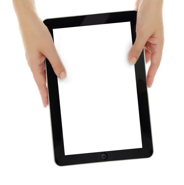 女性手里，垂直捧着空白的屏幕平板电脑隔离 — 图库照片