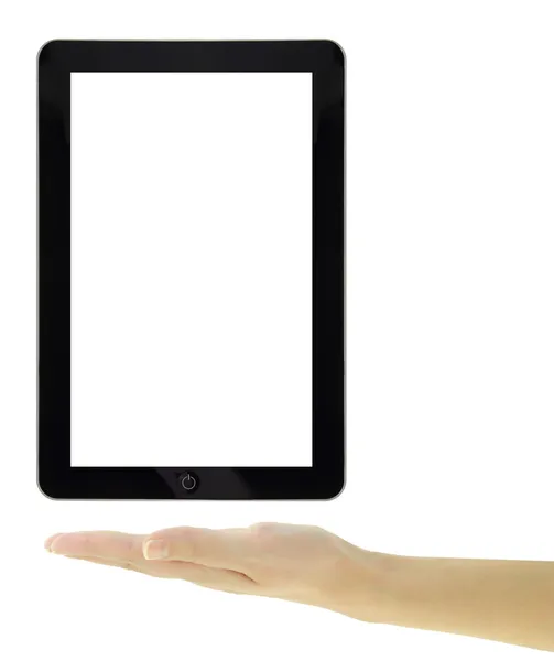 Female hand presenting a tablet with blank screen isolated — Stock Photo, Image