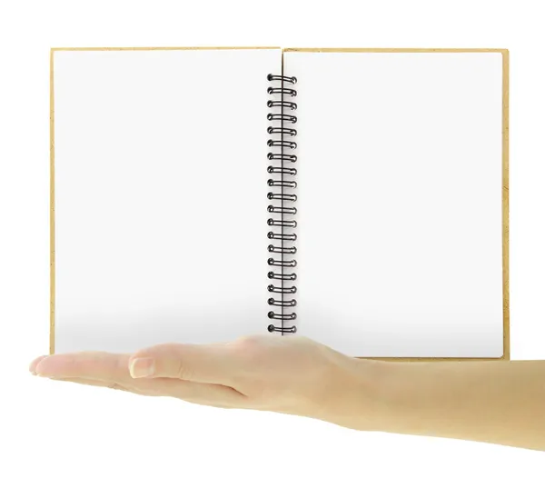 Mano presentando plantilla de cuaderno en blanco aislado en blanco — Foto de Stock