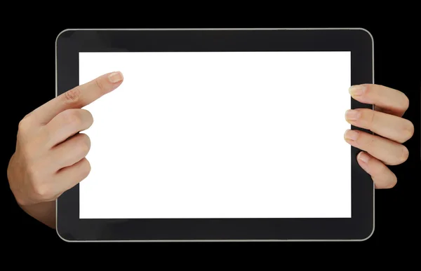 Vrouwelijke handen wijzen op Tablet PC met leeg scherm geïsoleerd — Stockfoto