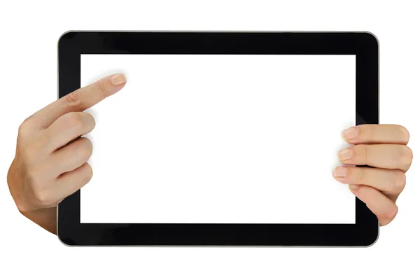 Γυναικεία χέρια που δείχνουν στο tablet με κενή οθόνη απομονωθεί — Stockfoto