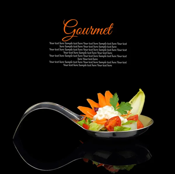 Gourmet creamy puree with vegetable decoration on black background — Stock Photo, Image